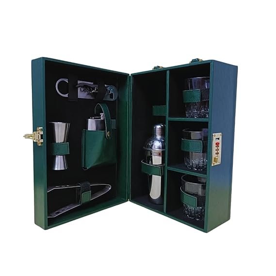 51UItO2CML._SX569_.jpg Presents Premium Portable Bar Set with Travel Case ?11-Piece Cocktail Shaker Set with Glasses, Tools & Lock ?Travel Mini Bar Kit for Home,Parties & Gifting ?Green Leather Finish - Image 1