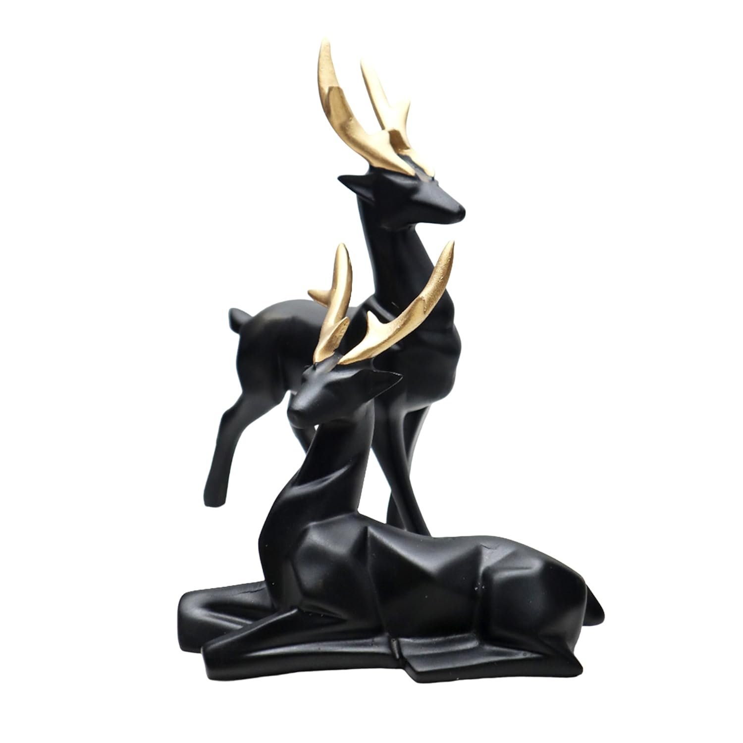 D1.jpg Set of 2 - Black Lucky Deer Handicraft Resin Animal Showpiece for Home & Office Decor - Elegant Black Sculptures - Sitting & Standing Figurines Decor Accent - Image 1