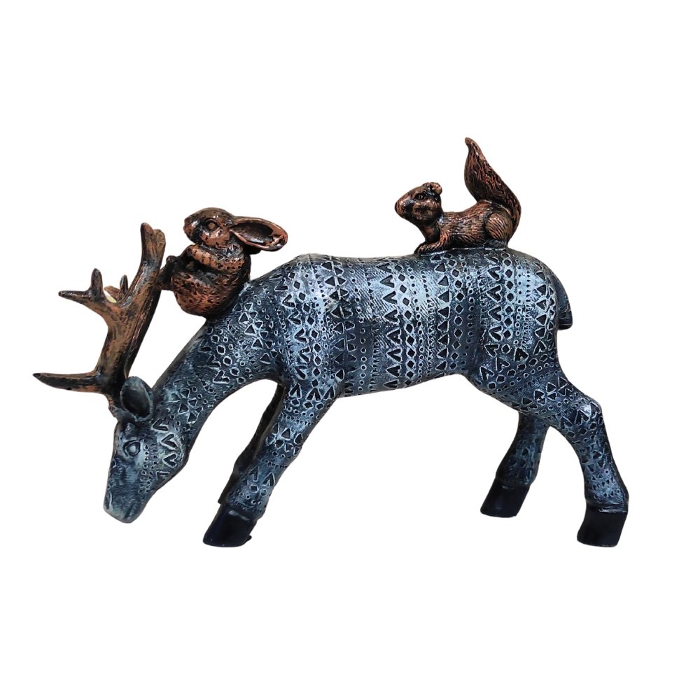 F1.jpg Artisanal Deer Stag Statue with Squirrel & Rabbit Figurine - Intricate Textured Pattern, Polyresin Wildlife Home Decor Showpiece, Black/Silver - Image 1